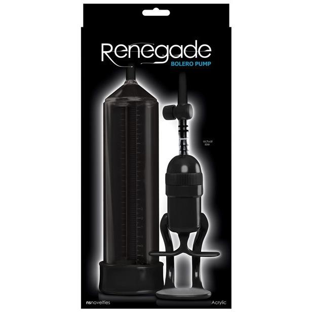 The NS Novelties Renegade Bolero Penis Pump features a sleek black acrylic vacuum pump with a gauge and hose. The striking packaging against a black background highlights an elastomeric sleeve for comfort during one-handed pumping.