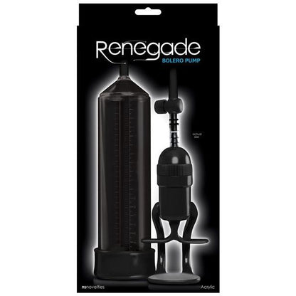 The NS Novelties Renegade Bolero Penis Pump features a sleek black acrylic vacuum pump with a gauge and hose. The striking packaging against a black background highlights an elastomeric sleeve for comfort during one-handed pumping.