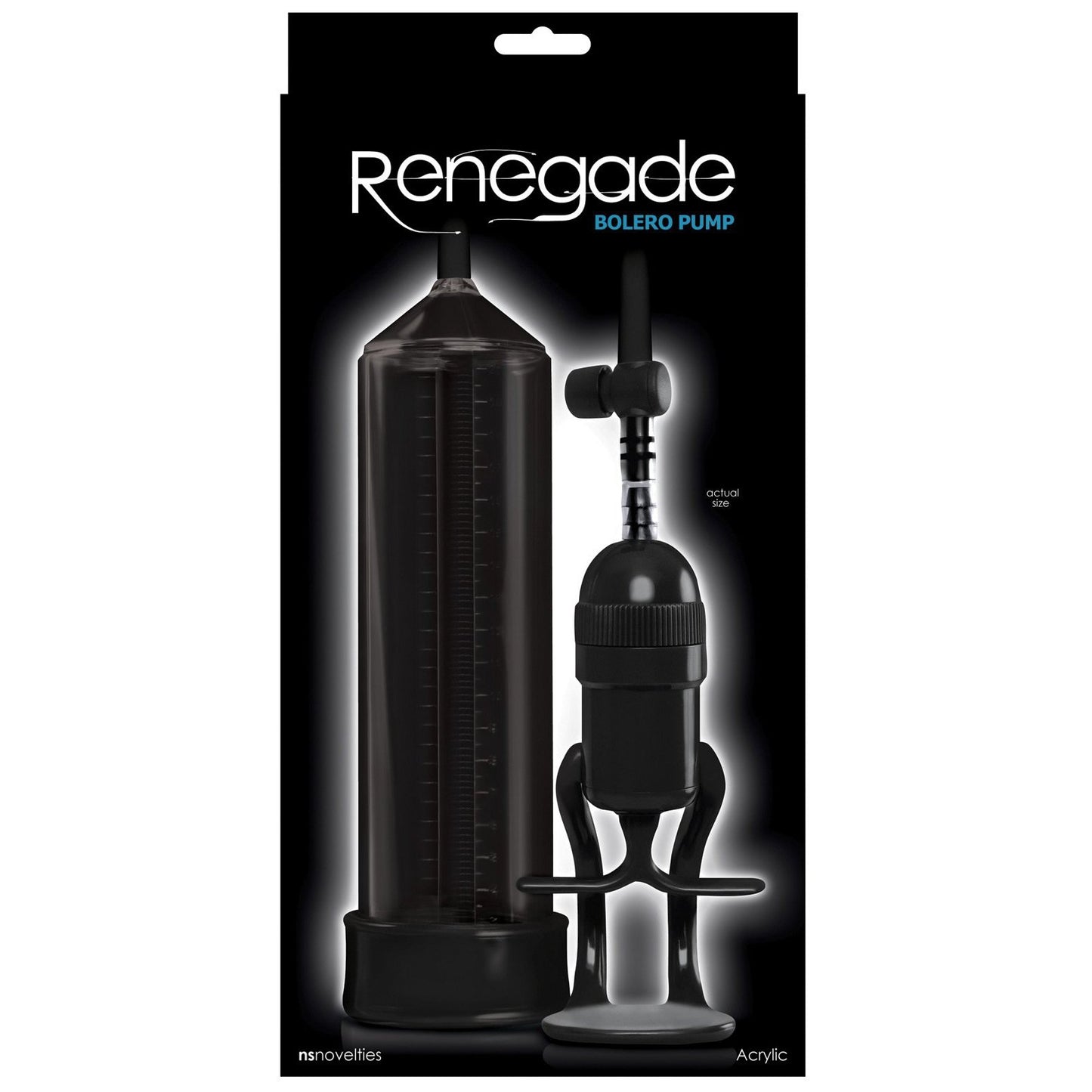 The NS Novelties Renegade Bolero Penis Pump packaging highlights its sleek black acrylic design with a gauge, flexible tubing, an elastomeric sleeve for comfort, and a one-handed pump feature, along with its product and brand names prominently displayed.