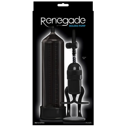The NS Novelties Renegade Bolero Penis Pump packaging highlights its sleek black acrylic design with a gauge, flexible tubing, an elastomeric sleeve for comfort, and a one-handed pump feature, along with its product and brand names prominently displayed.