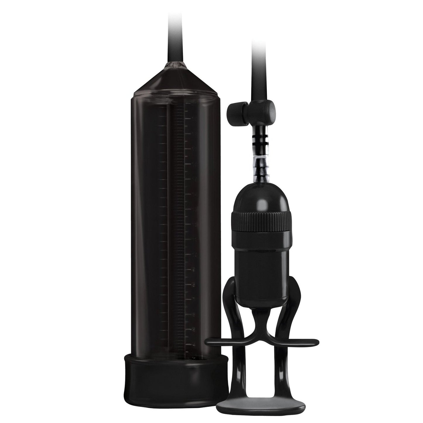 The NS Novelties Renegade Bolero Penis Pump boasts a sleek black handheld vacuum pump with a pressure gauge on top. Its transparent cylindrical chamber, complete with measurement markings, allows for precise one-handed pumping, combining modern design with user convenience.