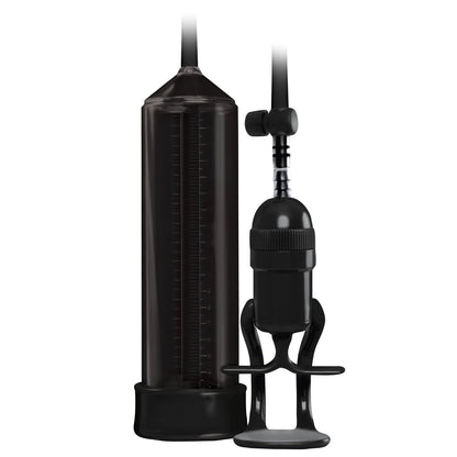 The NS Novelties Renegade Bolero Penis Pump boasts a sleek black handheld vacuum pump with a pressure gauge on top. Its transparent cylindrical chamber, complete with measurement markings, allows for precise one-handed pumping, combining modern design with user convenience.