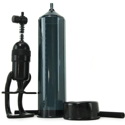 The NS Novelties Renegade Bolero Penis Pump features a transparent cylinder design with an attached pressure gauge. It includes a black handle with connector, an elastomeric sleeve for one-handed pumping, and a separate black cap.