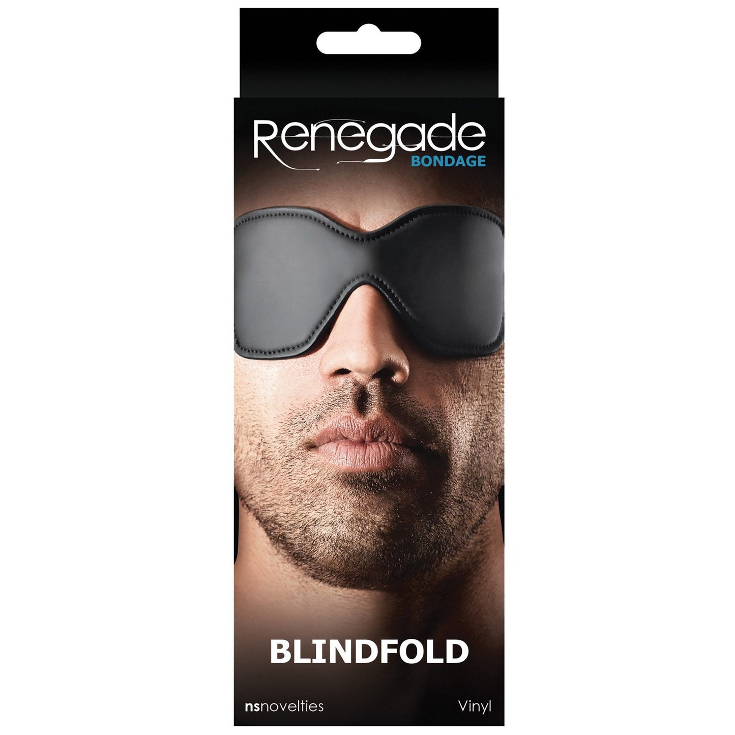 The packaging of the NS Novelties Renegade Bondage Blindfold showcases a close-up image of a man wearing the sleek black design, capturing erotic allure. The NS Novelties logo and product name complement this stylish fetish accessory.