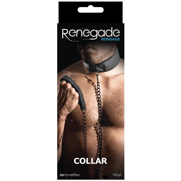 A box labeled Ns Novelties Renegade Bondage Collar displays a shirtless individual donning a black collar with a chain, enticing fetish play enthusiasts. This image serves as promotional packaging for this NS Novelties accessory.