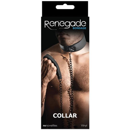 A box labeled Ns Novelties Renegade Bondage Collar displays a shirtless individual donning a black collar with a chain, enticing fetish play enthusiasts. This image serves as promotional packaging for this NS Novelties accessory.