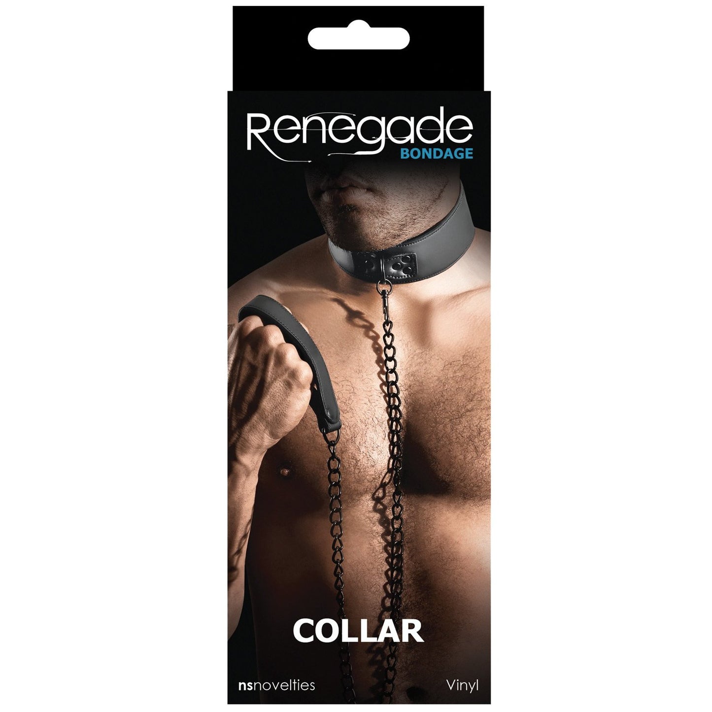 The Ns Novelties Renegade Bondage Collar package showcases a shirtless model wearing the collar with an attached chain in hand. Ideal for fetish play, the packaging emphasizes NS Novelties and Vinyl for an unmatched kinky experience.