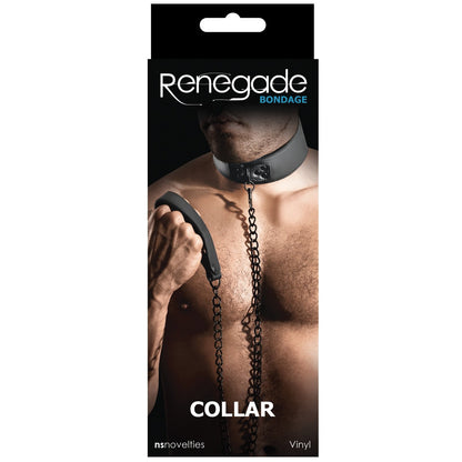 The Ns Novelties Renegade Bondage Collar package showcases a shirtless model wearing the collar with an attached chain in hand. Ideal for fetish play, the packaging emphasizes NS Novelties and Vinyl for an unmatched kinky experience.