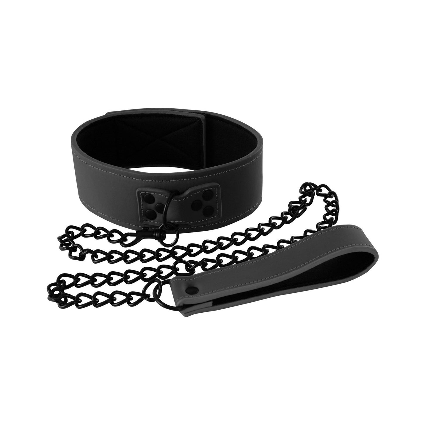 An NS Novelties Renegade Bondage Collar in black leather features a paw print design and a detachable metal chain leash with a matching handle. Ideal for fetish play, the leash connects via a small clip, perfectly complementing the collars material.
