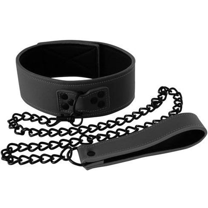 The NS Novelties Renegade Bondage Collar in black faux leather includes heart-shaped chain links and a matching leash. With a buckle closure on the collar and a loop handle on the leash, its perfect for stylish fetish play.