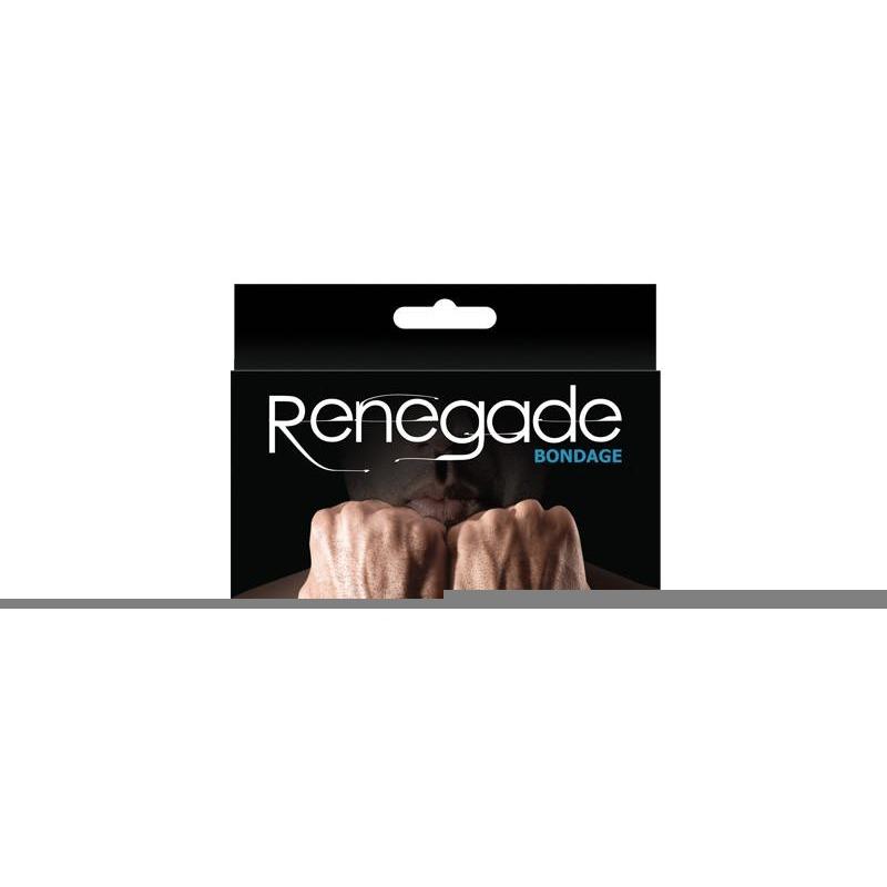 The NS Novelties Renegade Bondage Wrist Cuffs packaging displays a sleek black box with Renegade in bold white and BONDAGE in striking blue. An image of hands gripping a bar highlights the cruelty-free leather design, ideal for soft fetish play.