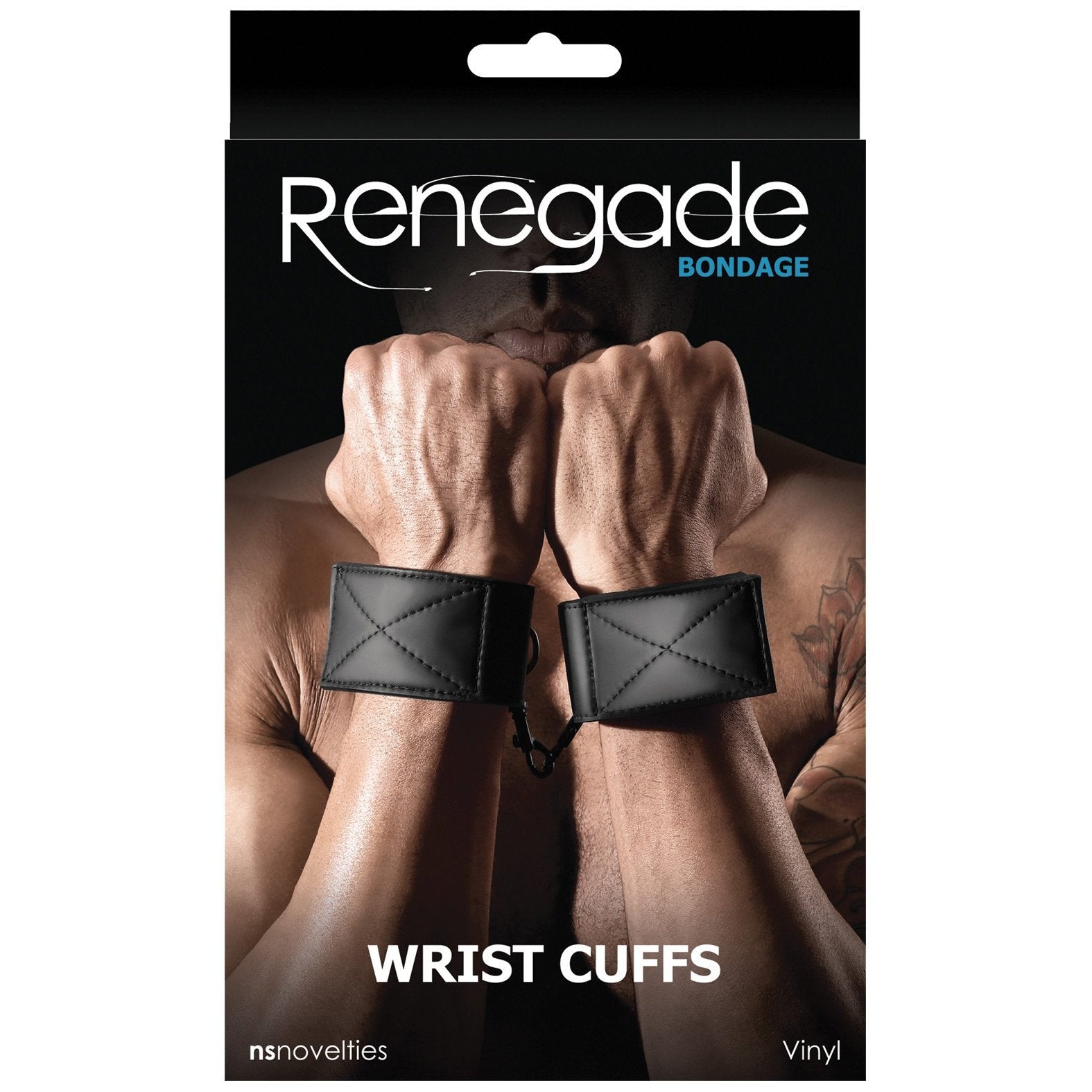 The NS Novelties Renegade Bondage Wrist Cuffs packaging features a person with hands in front, wearing black cuffs linked by a chain. Perfect for soft fetish sessions, its emphasized with Vinyl and nsnovelties, showcasing its cruelty-free leather appearance.