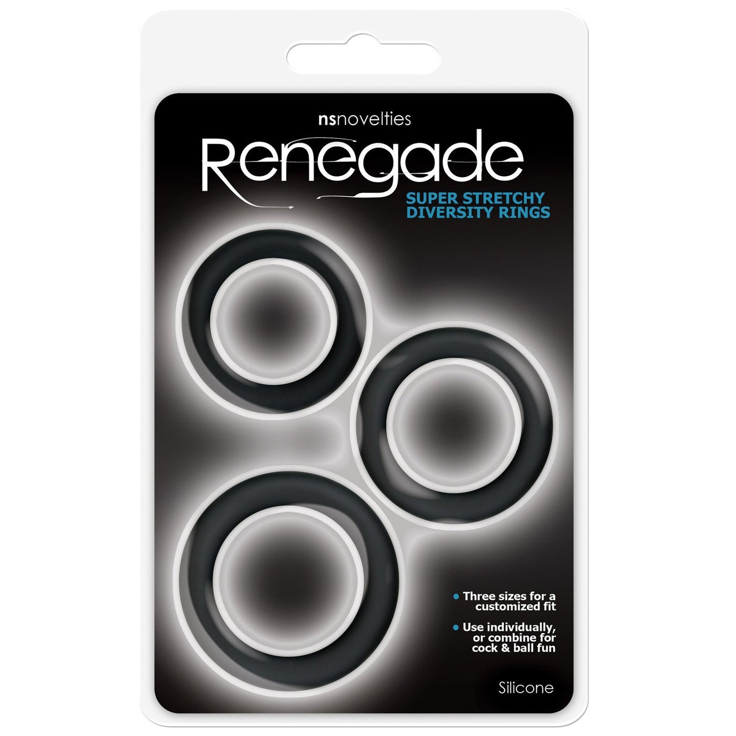 The NS Novelties Renegade Diversity Cock Rings pack showcases a stylish set of three black silicone cock rings with a customizable fit, enhancing erections against a black and white backdrop—ideal for versatile exploration.