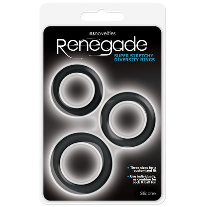The NS Novelties Renegade Diversity Cock Rings pack showcases a stylish set of three black silicone cock rings with a customizable fit, enhancing erections against a black and white backdrop—ideal for versatile exploration.