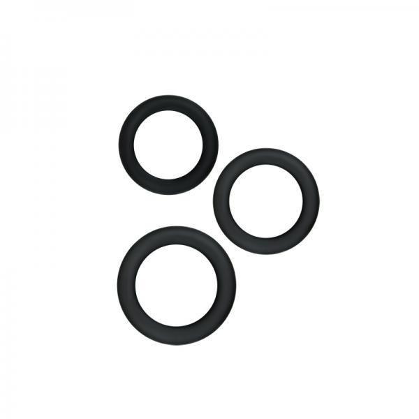The NS Novelties Renegade Diversity Cock Rings set features three black rubber rings arranged in a triangular pattern on a white background, designed for stylish and functional erection enhancement.