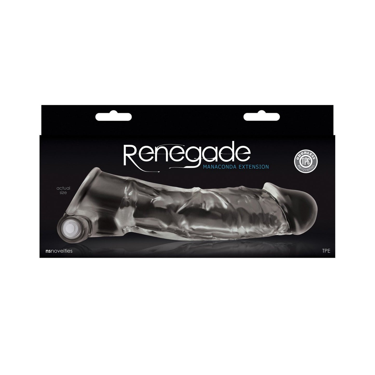 The NS Novelties Renegade Manaconda Penis Extender packaging prominently showcases a translucent, sleeve-like adult item made from TPE material.