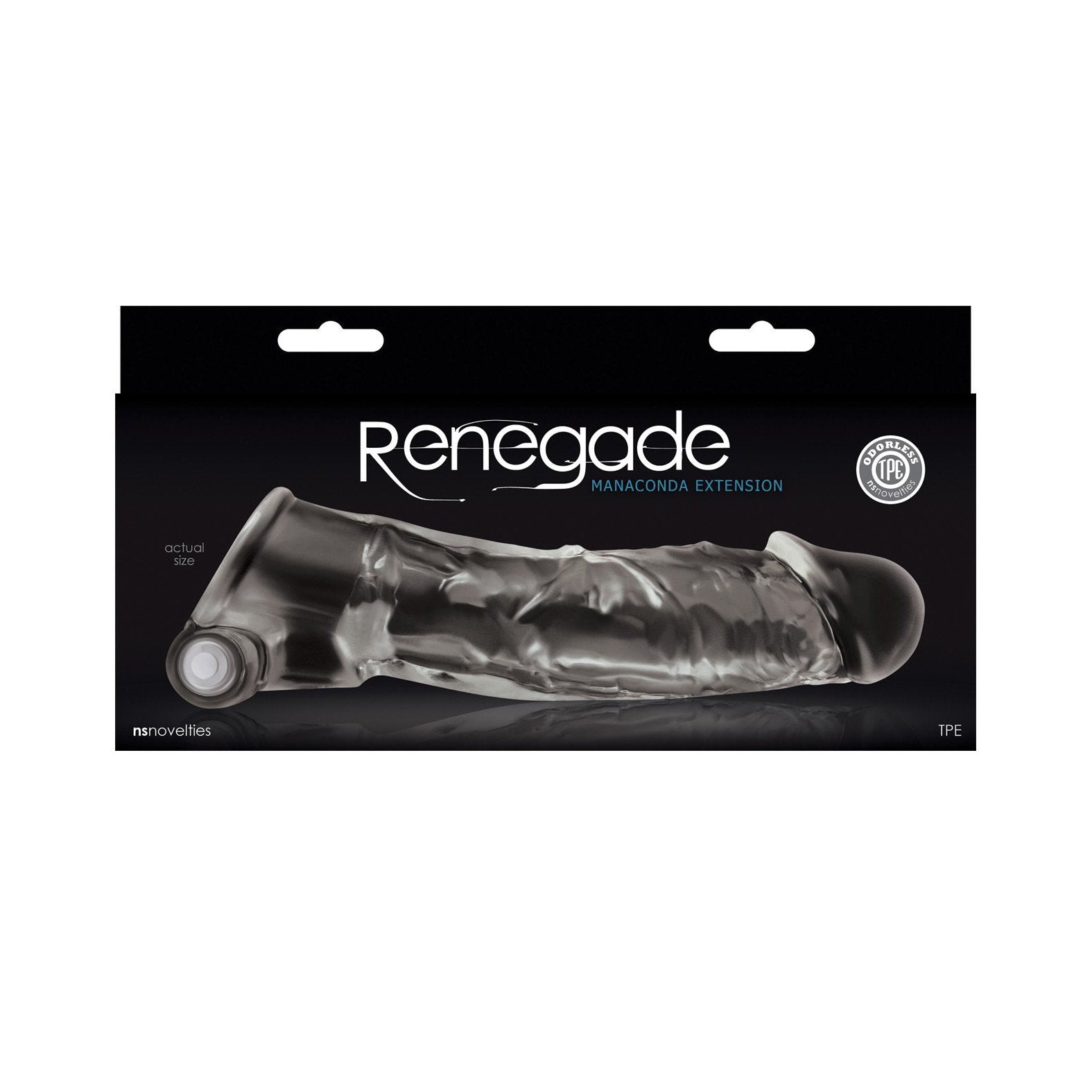 The NS Novelties Renegade Manaconda Penis Extender packaging prominently showcases a translucent, sleeve-like adult item made from TPE material.