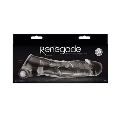 The NS Novelties Renegade Manaconda Penis Extender packaging prominently showcases a translucent, sleeve-like adult item made from TPE material.