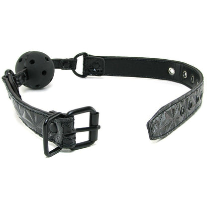 The NS Novelties Sinful Ball Gag is displayed against a white background, featuring a black leather design with a textured strap and buckle. It includes a black perforated ball and sturdy metal rings for fastening, all from the NS Novelties brand, highlighting its sleek, exquisite finish.
