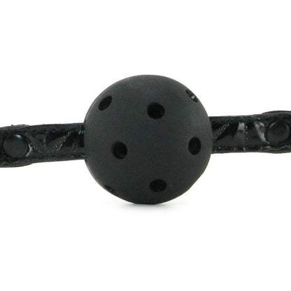 The NS Novelties Sinful Ball Gag features a black neoprene ball with holes, centered in the image, and attached to an adjustable black strap for comfort and style.