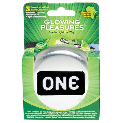 Packaging for ONE Glowing Pleasures Condoms features a green design with glow-in-the-dark latex and premium silicone-based lubrication, emphasizing FDA-approved quality and charity support in Africa.
