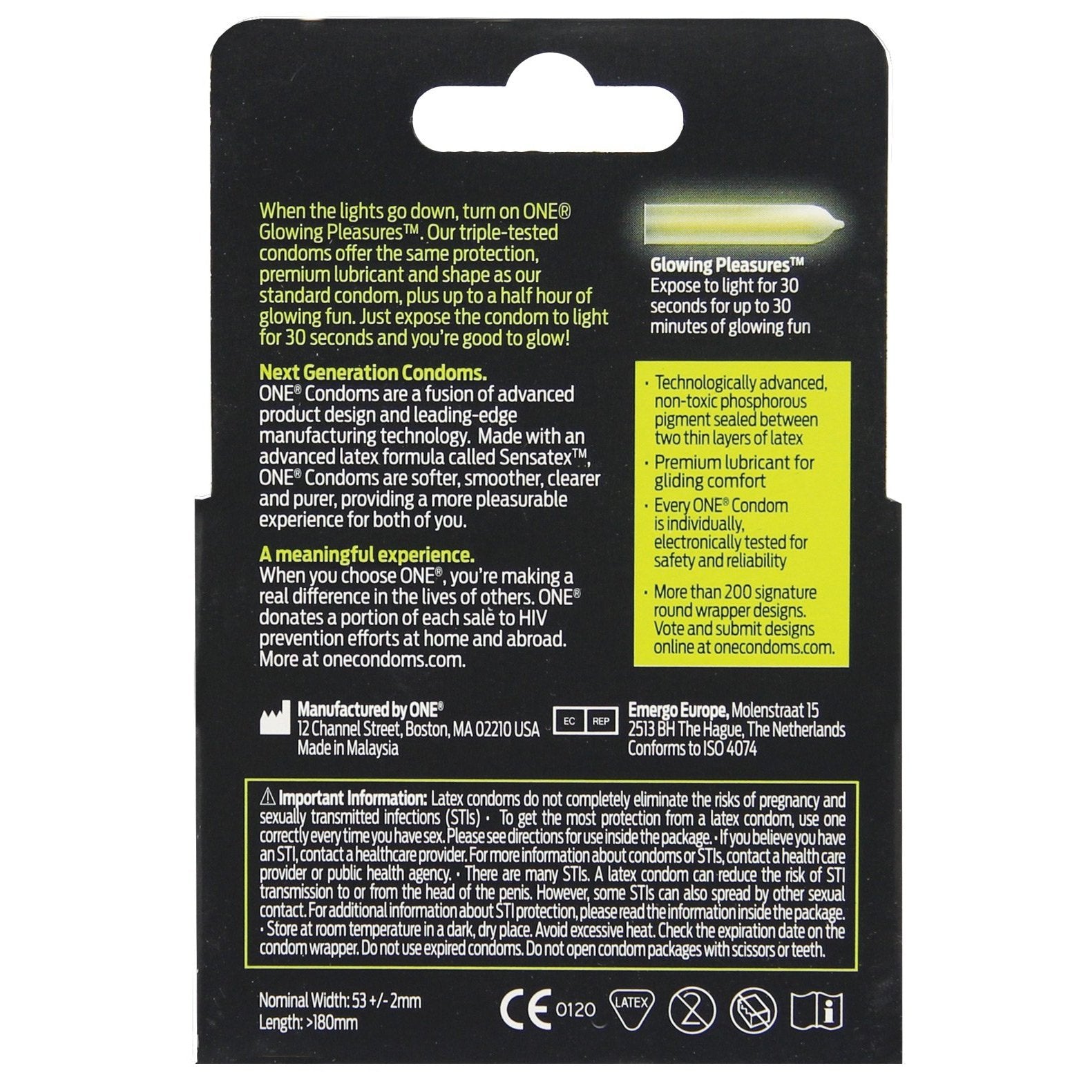 The image shows the back of a ONE Glowing Pleasures Condoms package, showcasing FDA approval, glow-in-the-dark feature, and special latex for enhanced pleasure. It includes manufacturing details and advises storage in a cool, dry place.