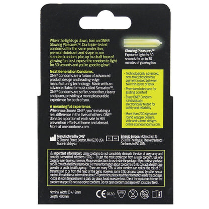 The image shows the back of a ONE Glowing Pleasures Condoms package, showcasing FDA approval, glow-in-the-dark feature, and special latex for enhanced pleasure. It includes manufacturing details and advises storage in a cool, dry place.
