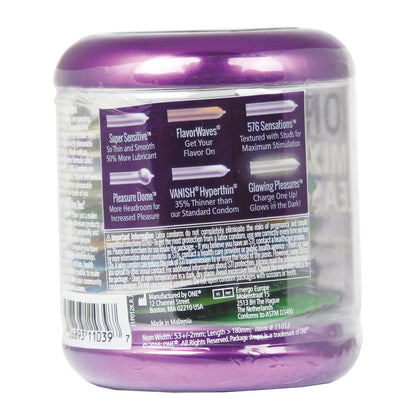 The ONE Mixed Pleasures Condoms Jar of 12, designed for a heightened experience, features Super Sensitive, FlavorWaves, and 576 Sensations. Made from premium latex, the purple jar provides lubricated condoms with product details and manufacturing information.