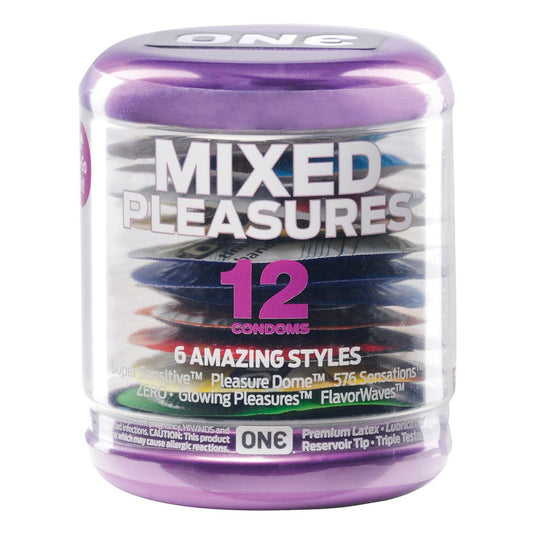 ONE Mixed Pleasures Condoms - Jar of 12 holds premium latex, lubricated condoms in styles like Super Sensitive, Zero, Pleasure Dome, Glowing Pleasures, and more. Its purple plastic design features a transparent section to showcase the diverse collection for a unique experience.