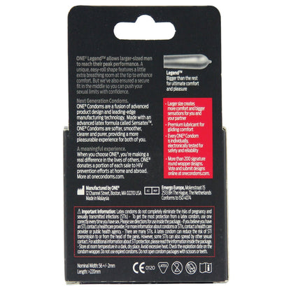 The back of the One The Legend XL Condoms box by Paradise Marketing highlights legendary protection for larger men and provides a uniquely pleasurable experience. It includes company contact info and a red section on HIV prevention.