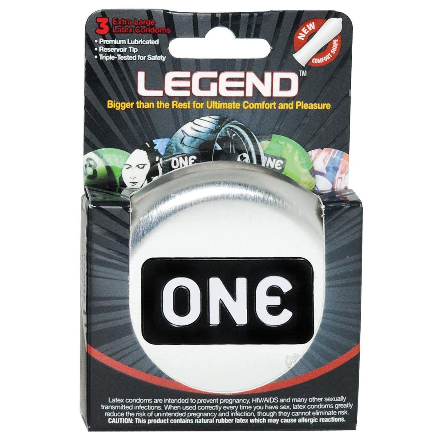 The One The Legend XL Condoms, by Paradise Marketing, come in a box of 3, feature premium lubricated and triple-tested for safety, with a bold ONE logo symbolizing legendary protection and a pleasurable design ensuring comfort.