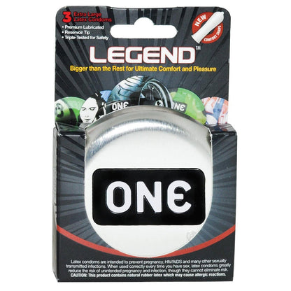 The One The Legend XL Condoms, by Paradise Marketing, come in a box of 3, feature premium lubricated and triple-tested for safety, with a bold ONE logo symbolizing legendary protection and a pleasurable design ensuring comfort.