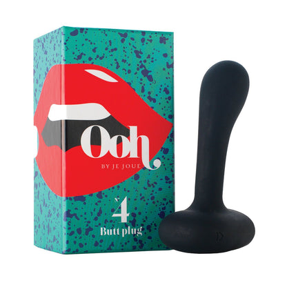 A black, body-safe Ooh by Je Joue Large Butt Plug sits beside its vibrant packaging adorned with red lips and branded as Ooh by Je Joue and No. 4 Butt Plug.