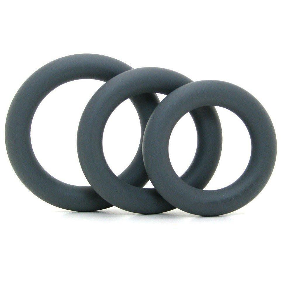 The OptiMale C Ring Kit Thick by Adams Toy Box showcases three super stretchy silicone rings of different sizes, slightly overlapping in a row against a plain white background.