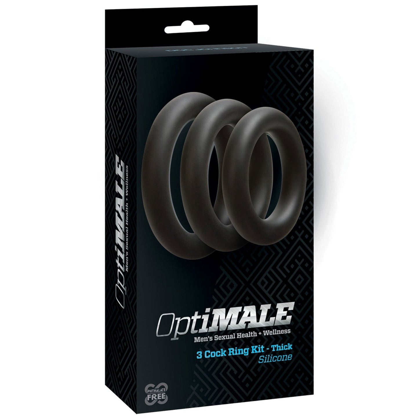 The image features a product box for the OptiMale C Ring Kit Thick by Adams Toy Box, containing three super stretchy silicone rings with geometric patterns on a black background, perfect for long-lasting erections.