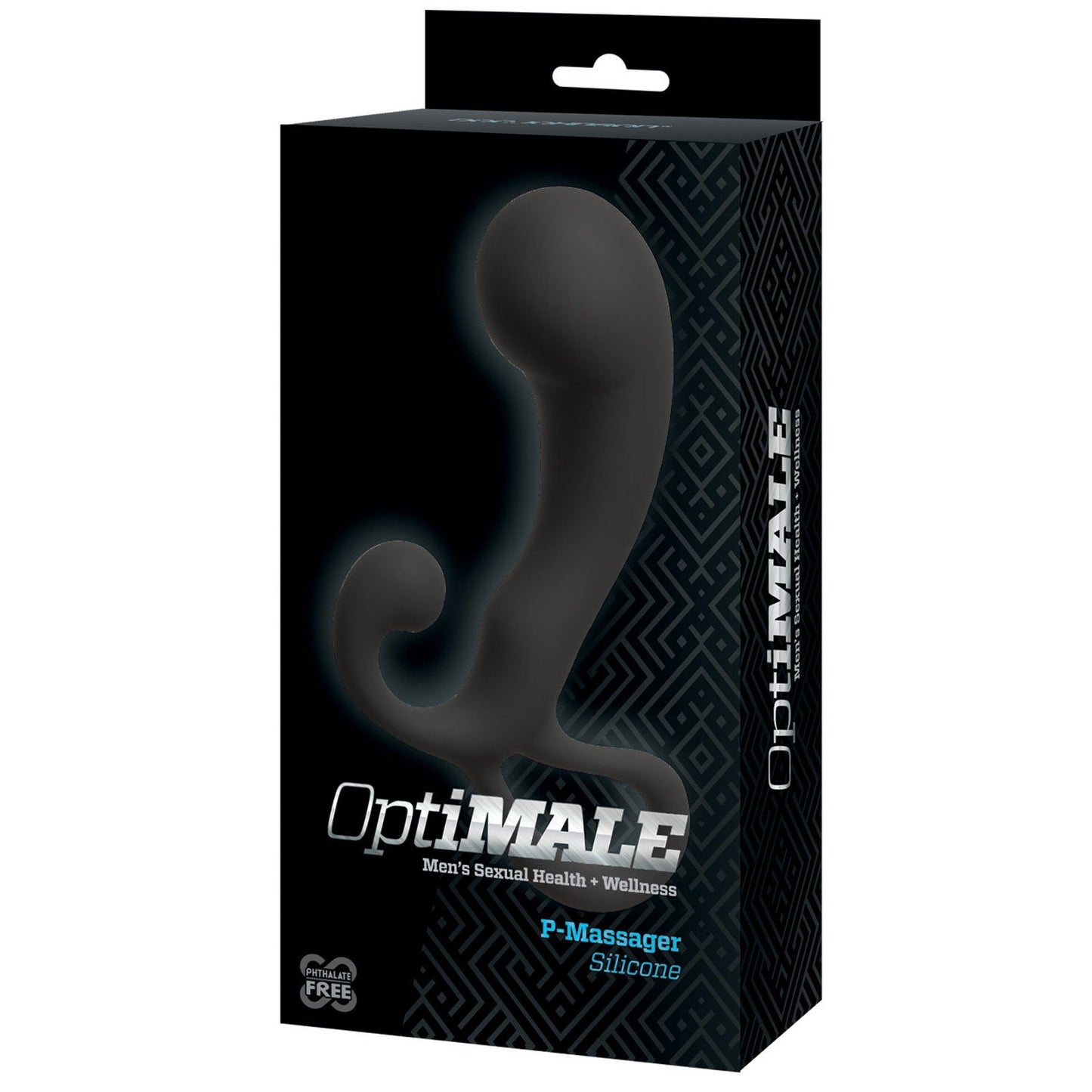 A black box with a geometric pattern houses the OptiMale P Massager, a silicone prostate massager for P-Spot pleasure. The packaging features the brand name OptiMale and highlights Mens Sexual Health + Wellness.