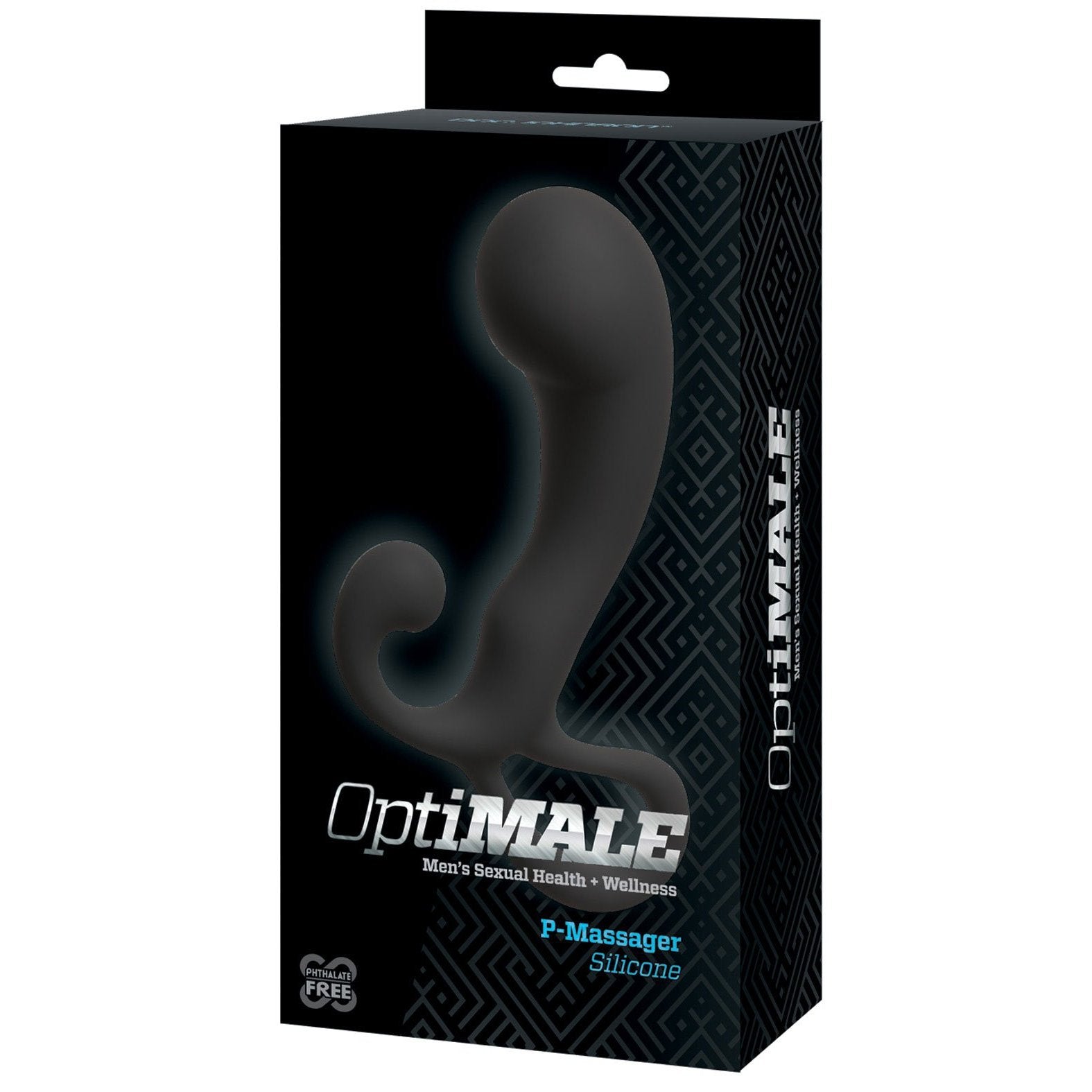 A black box with a geometric pattern houses the OptiMale P Massager, a silicone prostate massager for P-Spot pleasure. The packaging features the brand name OptiMale and highlights Mens Sexual Health + Wellness.