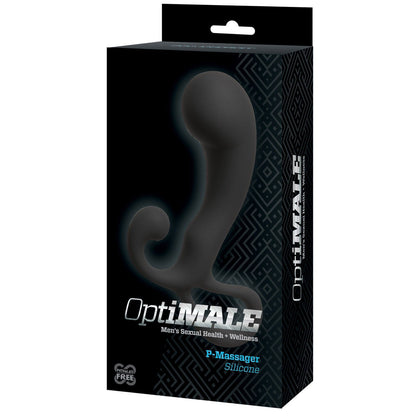 A black box with a geometric pattern houses the OptiMale P Massager, a silicone prostate massager for P-Spot pleasure. The packaging features the brand name OptiMale and highlights Mens Sexual Health + Wellness.
