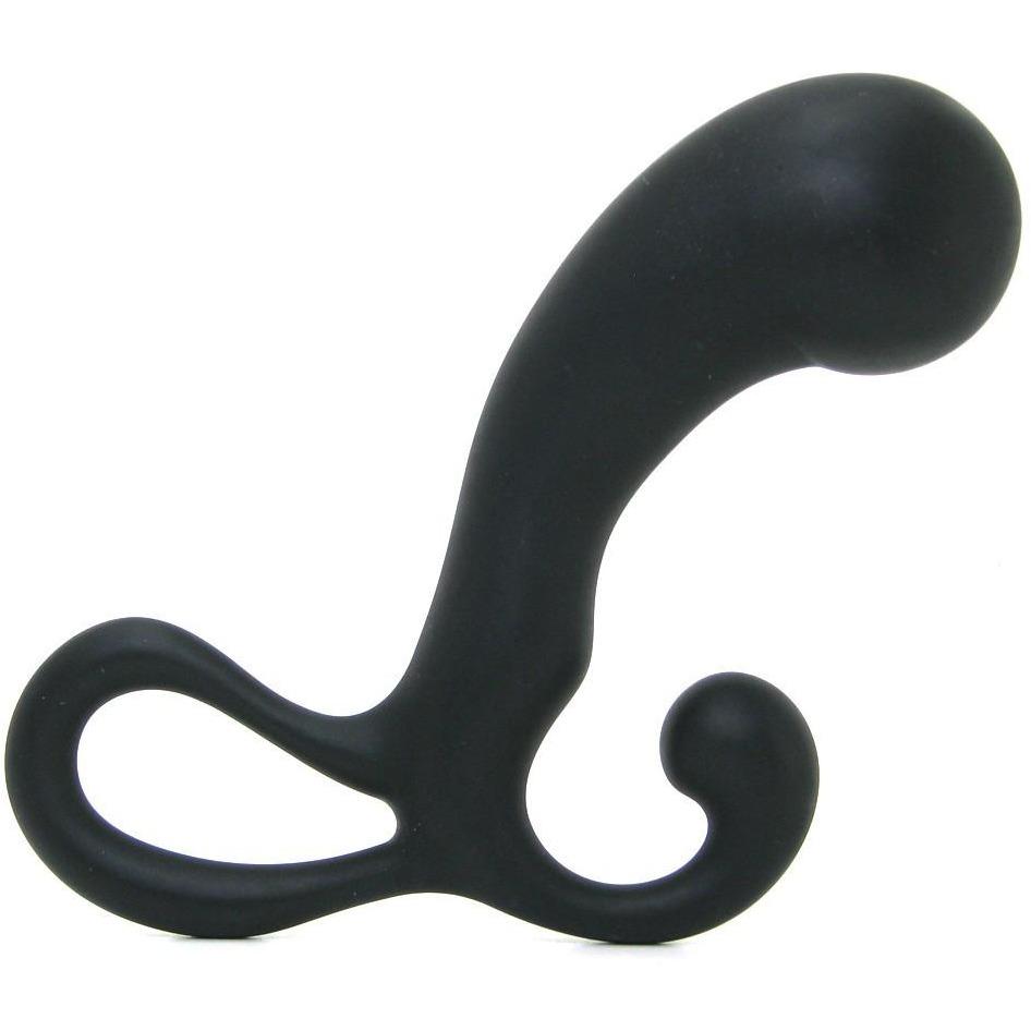 The Optimale OptiMale P Massager is a black, L-shaped silicone prostate massager featuring a smooth, curved design and an easy-grip handle. It provides P-Spot pleasure with its rounded tip and looped base for comfort while engaging the PC muscles.