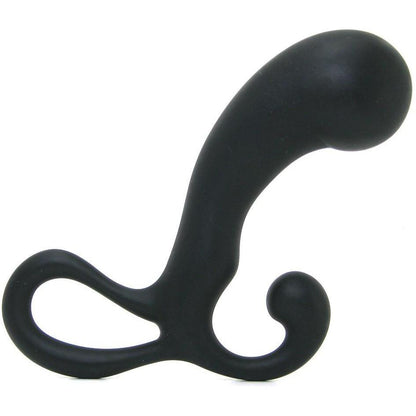 The Optimale OptiMale P Massager is a black, L-shaped silicone prostate massager featuring a smooth, curved design and an easy-grip handle. It provides P-Spot pleasure with its rounded tip and looped base for comfort while engaging the PC muscles.
