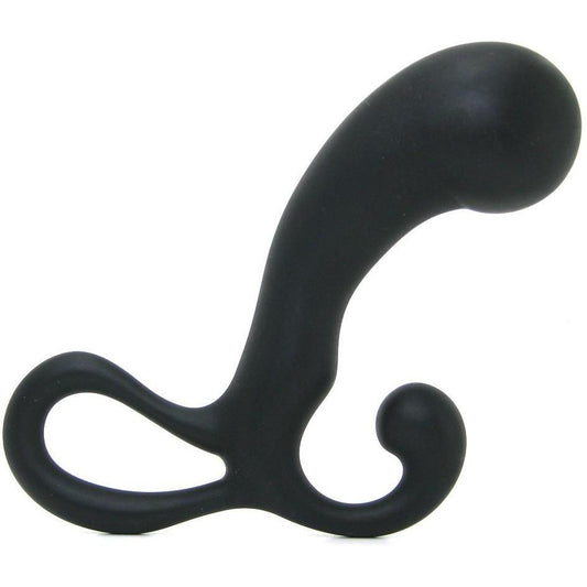 The Optimale OptiMale P Massager is a black, L-shaped silicone prostate massager featuring a smooth, curved design and an easy-grip handle. It provides P-Spot pleasure with its rounded tip and looped base for comfort while engaging the PC muscles.