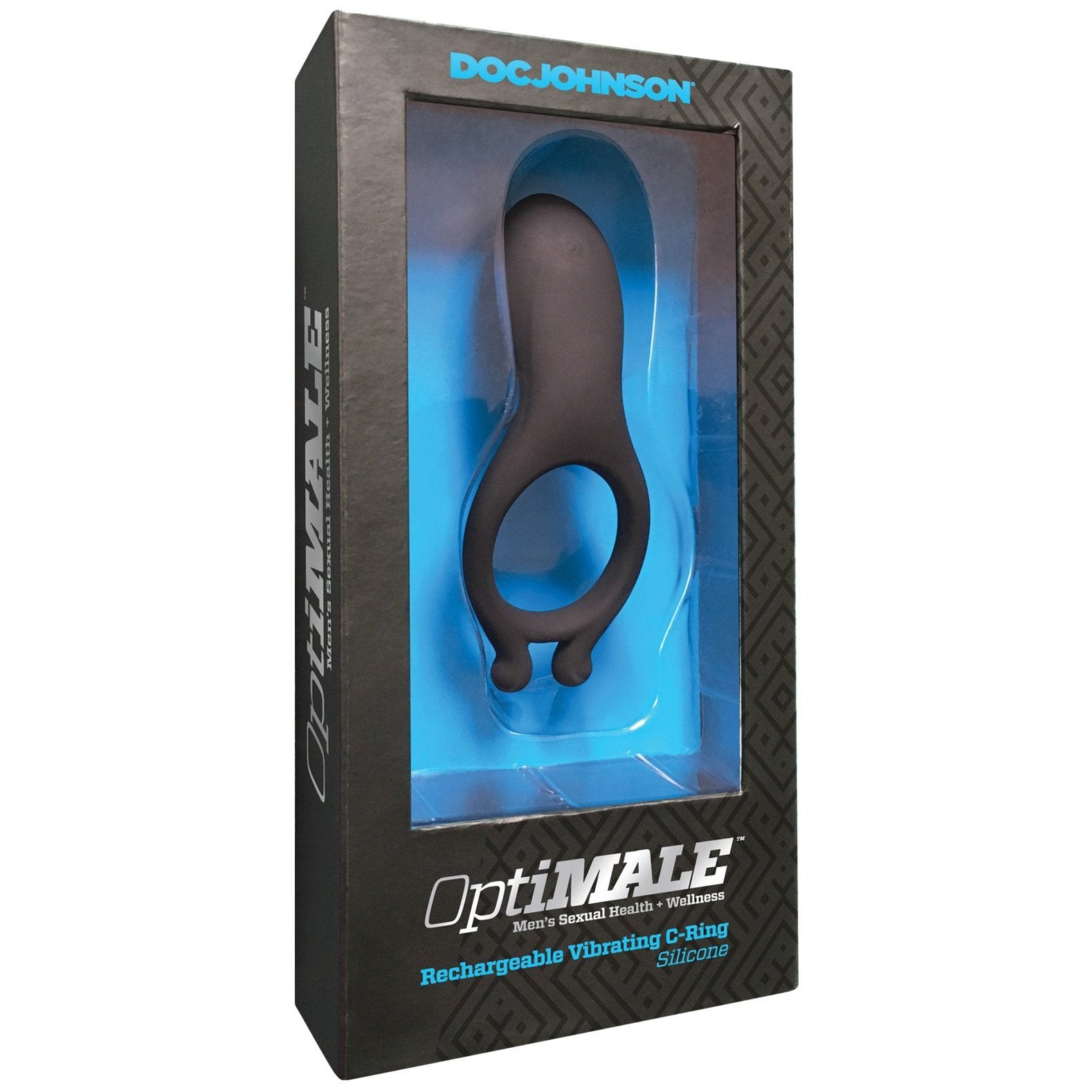 The OptiMale Rechargeable Vibrating C Ring by Doc Johnson features a sleek design in a stylish black and blue box, clearly highlighting branding and product details for an engaging unboxing experience.