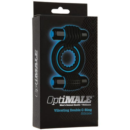 The OptiMALE Vibrating Double C-Ring packaging in black and blue features the product image and brand name, Adams Toy Box, and promotes Mens Sexual Health + Wellness. This silicone cock ring promises enhanced pleasure with dual vibrators for long-lasting erections.