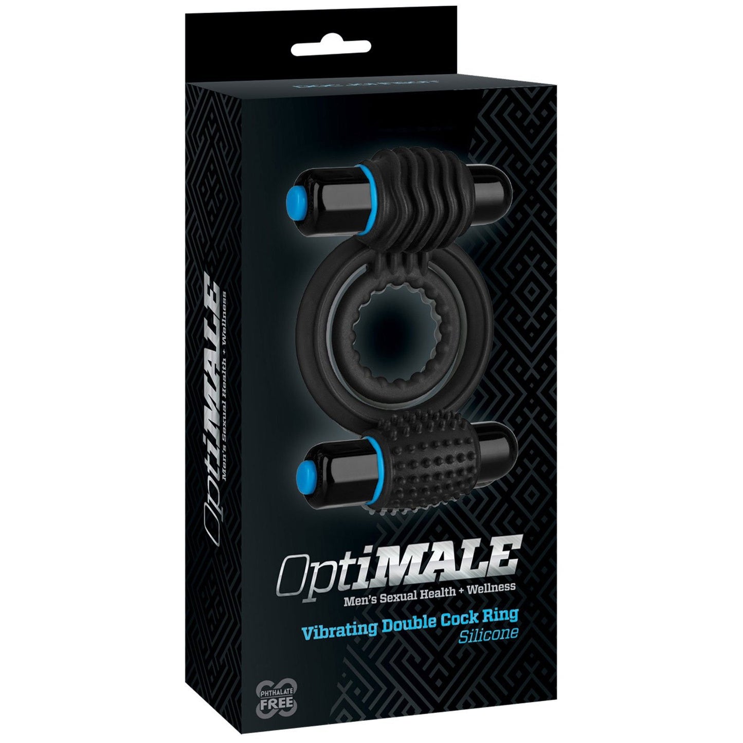 The OptiMale Vibrating Double C Ring by Adams Toy Box features a sleek black silicone ring with dual vibrators for long-lasting erections. Its packaging displays a stylish blue and black geometric design that highlights these features.