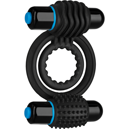 The OptiMale Vibrating Double C Ring by Adams Toy Box is a black ring with dual vibrators, textured surfaces, and blue accents on the ends. It features two rings linked by ridged sections for prolonged erections and heightened stimulation.