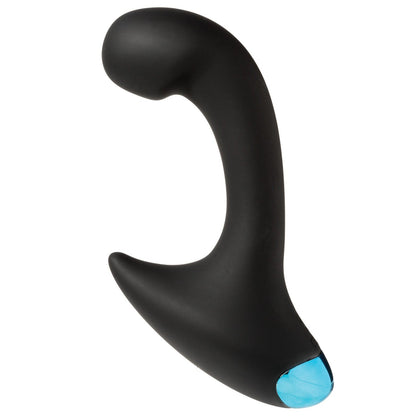 The OptiMale Vibrating P Massager by Adams Toy Box is a sleek, waterproof black massager with a blue-accented, ergonomic hook-like design, perfect for versatile use.