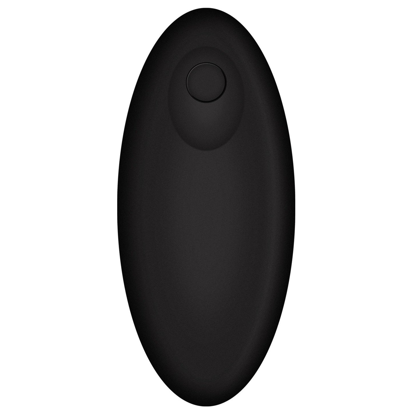 The OptiMale Vibrating P Massager with Wireless Remote by Adams Toy Box features a sleek, black, oval-shaped remote with a round button on top. Its smooth, minimalist design complements the massager for an enhanced experience.