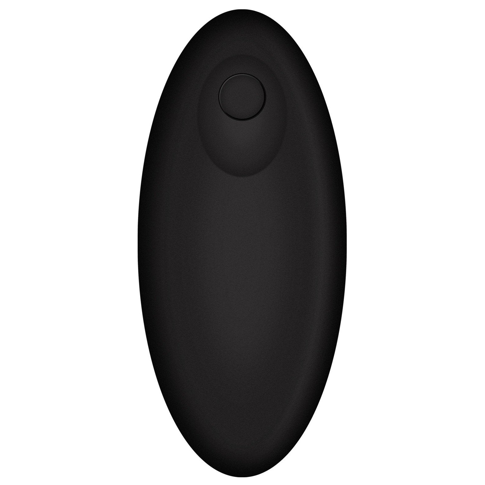The OptiMale Vibrating P Massager with Wireless Remote by Adams Toy Box features a sleek, black, oval-shaped remote with a round button on top. Its smooth, minimalist design complements the massager for an enhanced experience.