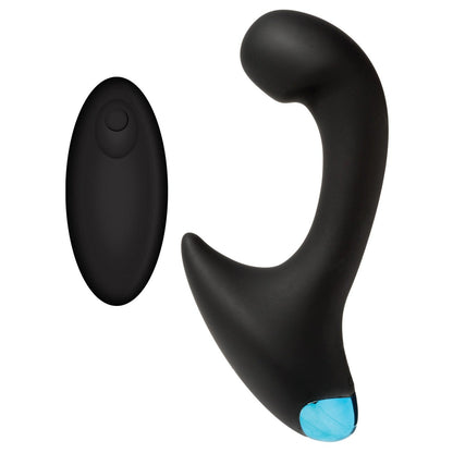 The OptiMale Vibrating P Massager by Adams Toy Box features a black curved design with a blue-accented base and comes with a matching black oval wireless remote. This waterproof device promises enhanced stimulation for ultimate pleasure and convenience.