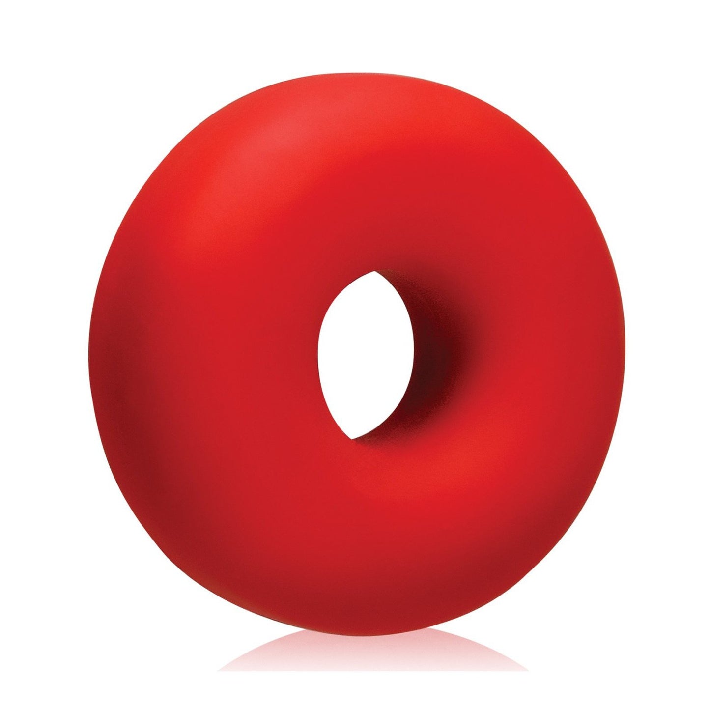 The Oxballs Big Ox Cockring by Oxballs is a glossy, bright red rubber ring, reminiscent of a lifebuoy or swim float, with its smooth surface reflecting light beautifully. It is placed on a plain white background.